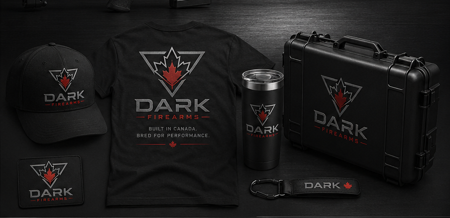 DARK Firearms branded hat, shirt, tumbler, case, patch, and keychain